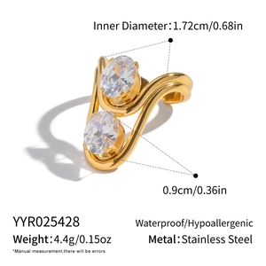 Detail view of gold stainless steel ring with 1.72cm inner diameter and size specs