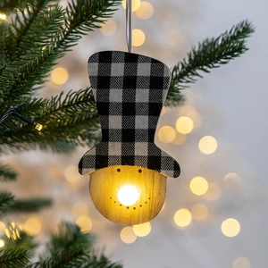 Lighted wooden snowman Christmas tree ornament with black and white plaid fabric hat