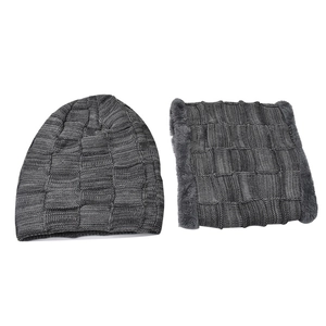 Detailed view of the thick fleece lining and plaid knit texture of this warm winter set