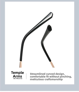 Detail of streamlined black and gold temples for lightweight rimless sunglasses