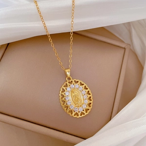 Oval Virgin Mary portrait necklace with rhinestones and hollow heart frame on gold chain
