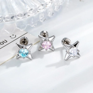 Star Shaped Cartilage Piercing Stud Earring Titanium Steel With Round Zircon Inlay Screw Back Flat Disc