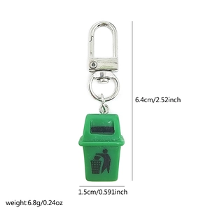 Miniature green trash can keychain dimensions detail showing height and width