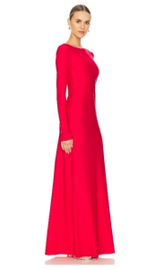 Detailed side view of an elegant red slim-fit floor-length long sleeve maxi dress