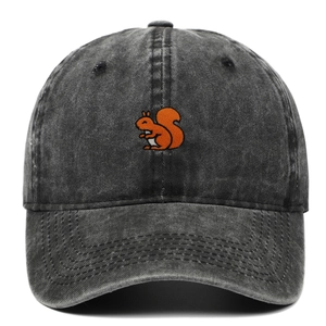 Vintage washed dark grey cotton baseball cap with orange squirrel embroidery