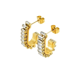 Elegant gold U-shaped earrings with rectangular zircons shown from multiple angles