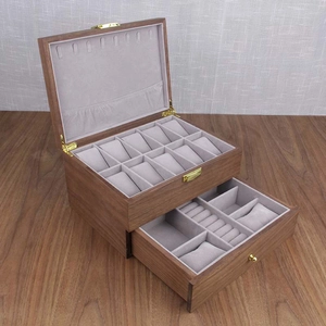 Wooden double layer watch and jewelry storage box organizer with 12 slots and soft velvet lining.