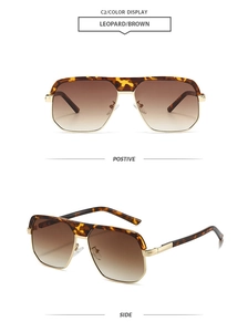 Detail view of leopard print aviator sunglasses with brown gradient lenses from two angles