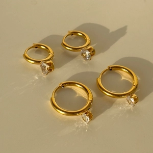 18k gold plated stainless steel hoop earrings with sparkling zircon crystal pendants
