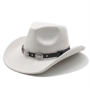 Detail of western cowboy hat featuring black leather band with vintage silver conchos