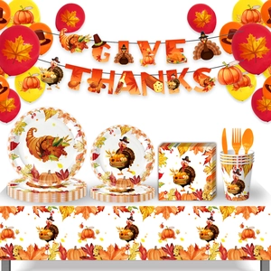 Thanksgiving Party Supplies Disposable Tableware Paper Plates Cups Napkins Banner Tablecloth Turkey Pumpkin Maple Leaf Decor
