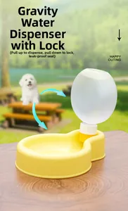Detail showing gravity-fed water release and press-lock system for portable pet bottle