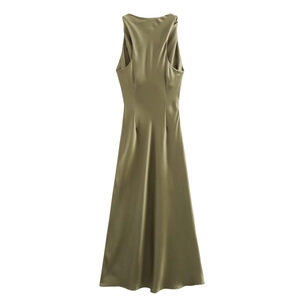 Detail of olive green satin sleeveless midi dress with slim waist and smooth texture
