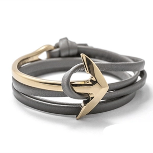 Multilayer grey leather nautical anchor bracelet with polished gold metal hook clasp