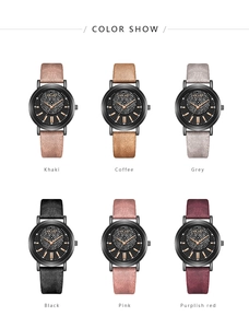 Six montres tendance en cuir avec cadrans en strass de différentes couleurs sur fond blanc