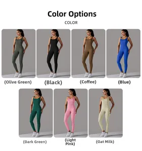 Color chart showing seven shades of ribbed seamless knit sleeveless yoga bodysuits