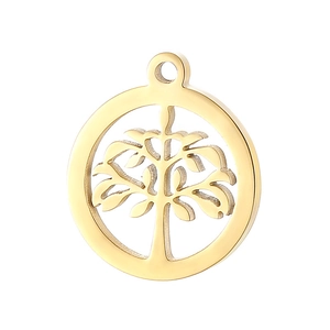 Macro detail of a golden tree of life hollow pendant made from polished stainless steel