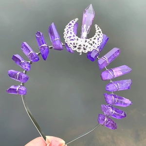 Close-up of handmade crown headband with purple crystal quartz and silver moon charm