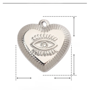 Detailed size and material specification chart for the silver heart evil eye pendant