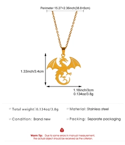 Spécifications de taille et info matériau pour collier dragon doré en acier inoxydable