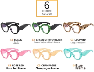 Detailed grid view of polygonal eyeglass frames showing six candy color options