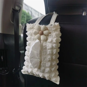 White flower car tissue box holder hanging on seat headrest made of bubble fabric