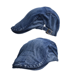 Vintage dark blue denim ivy cap with adjustable metal buckle and retro street style design