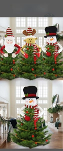 Detail view of plush Santa, Snowman and Reindeer tree toppers with striped scarves