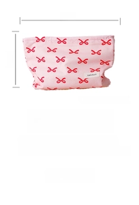 Pink jacquard makeup bag with red bow patterns, measuring 26cm width and 18cm height