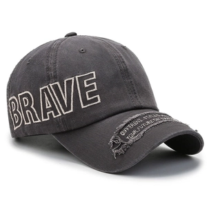 Vintage dark grey washed cotton baseball cap with BRAVE embroidery and distressed details