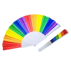 Rainbow striped folding fan with white plastic ribs shown in open and closed views
