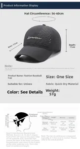 Size chart showing breathable quick-dry baseball cap dimensions and head circumference guide