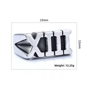 Detailed view of silver stainless steel ring with XIII Roman numerals and size specs