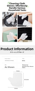 Macro detail of 10pcs white non-woven cleaning gloves showing texture and size specs