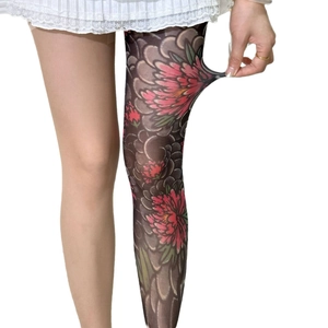 Peony tattoo pattern high-stretch tights featuring floral prints and grey cloud motifs
