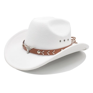 White wool felt cowboy hat detail with brown leather band and silver bull head buckle