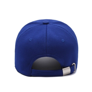 Rear view of fashion blue embroidered baseball cap with adjustable metal buckle strap