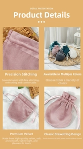 Detail of premium velvet jewelry pouches with drawstring in various soft pastel colors