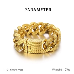 Macro shot of 21mm wide gold steel chain link bracelet showing detailed dimensions and weight