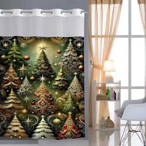 Detail of Christmas waffle shower curtain with artistic tree patterns and white metal grommets