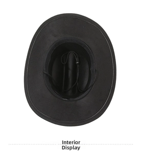 Detail of black wool cowboy hat interior with adjustable drawstring and toggle