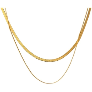 Minimalist double layer gold herringbone snake chain and fine link necklace