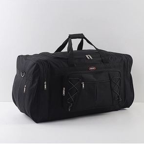 Detail view of large black travel bag featuring reinforced handles and side zipper pocket