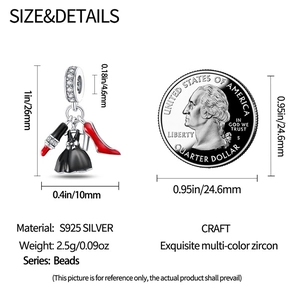 Detailed size specifications for silver charms with lipstick and high heels pendant