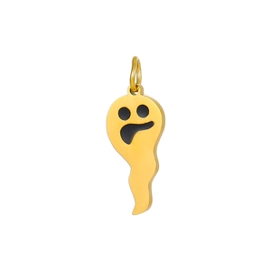 Golden Halloween ghost pendant with black enamel eyes and mouth on a white background