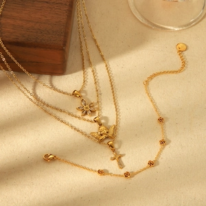 Angel Cross Flower Pendant Necklace And Rose Charm Bracelet Gold Plated Stainless Steel Jewelry For Women Fashion