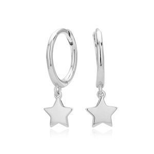 Pair of polished S925 sterling silver hoop earrings with dangling minimalist stars