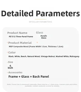 Detailed specifications table for triple MDF wooden photo frame with plexiglass and dimensions