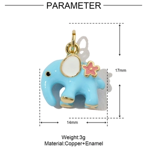 Detailed blue elephant enamel pendant showing 14x17mm size and 3g weight parameters