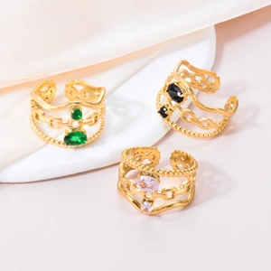 Three-layer gold stainless steel open rings with green, black, and pink zircon stones